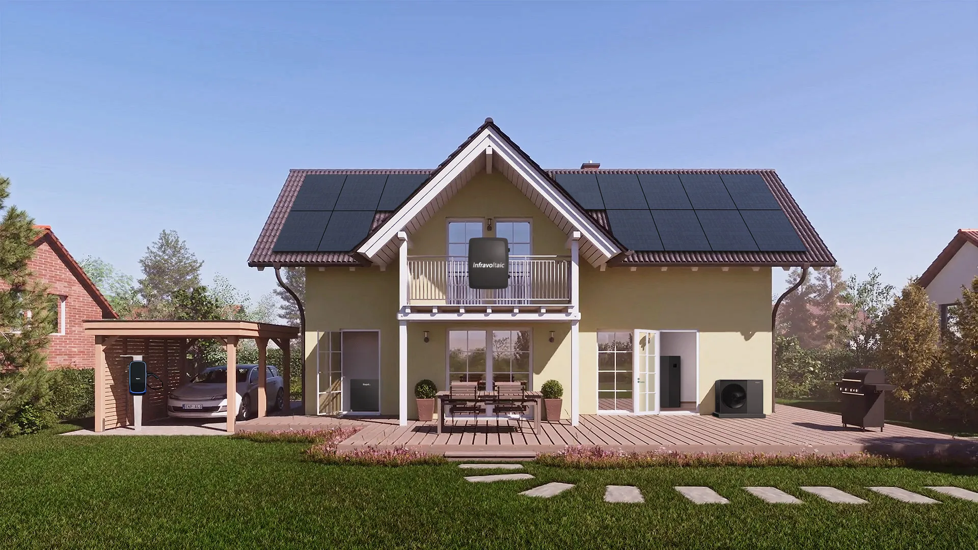 Einfamilienhaus mit der Infravoltaic Energielösung. Full-Black-Solaranlage auf dem Hausdach, Infravoltaic.One, Wärmepumpe vor dem Haus, Stromspeicher im Hauswirtschaftsraum, Wallbox in der Einfahrt und E-Auto unter dem Carport.