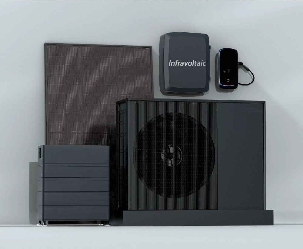 Infravoltaic Komplettpaket mit PV-Modul, Wärmepumpe, Stromspeicher, Wallbox und Infravoltaic.One